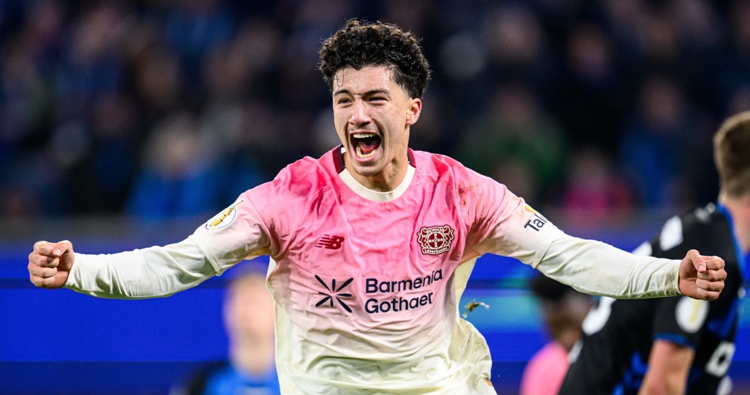 Ibrahim Maza celebrating his first goal for Bayer Leverkusen